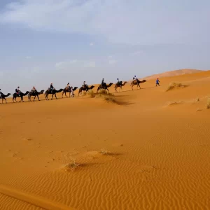 Imagen de turistas haciendo un paseo en camello por el desierto de Merzouga, en Marruecos